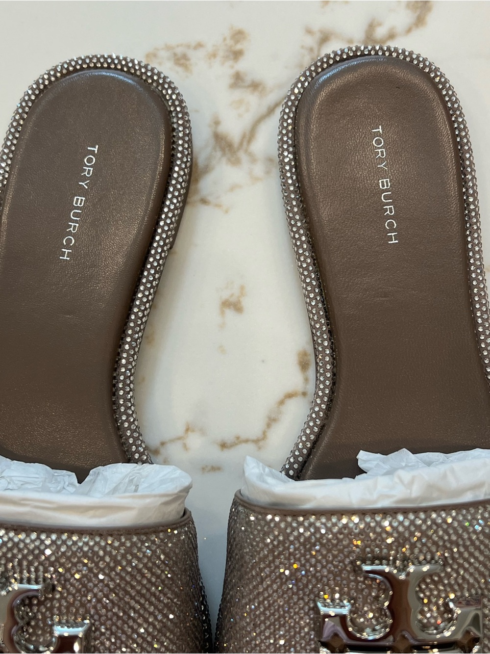 Tory Burch Everly Slide Crystal Logo Slide Sandals - Dark Clay / Crystal - Picture 3 of 5